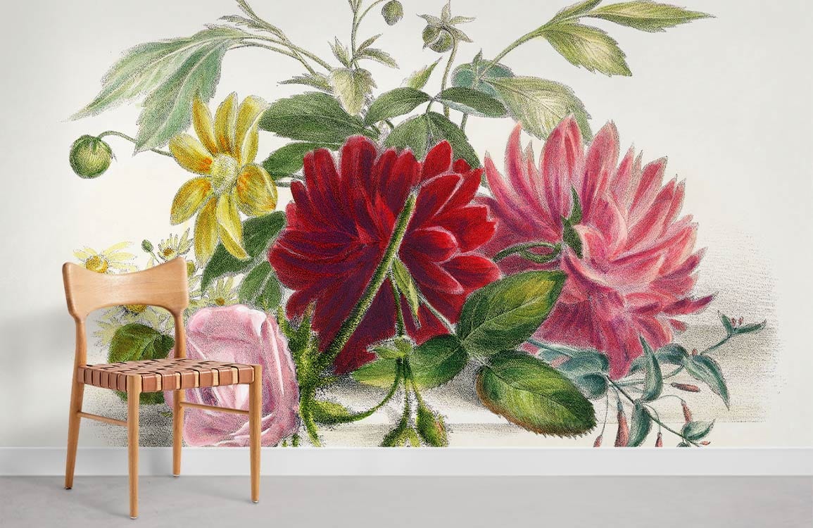 Vintage botanical mural wallpaper with red and pink flowers, wooden chair, grey flooring, minimalist decor.