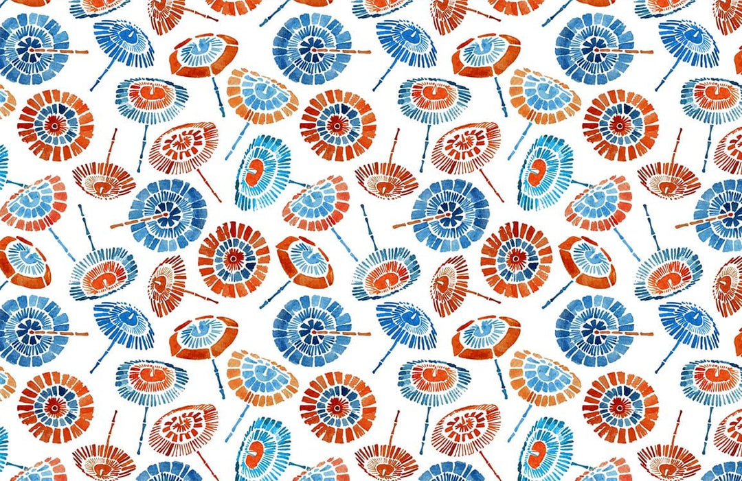 Vibrant Blue and Orange Geometric Fan Pattern Wallpaper, Contemporary Design