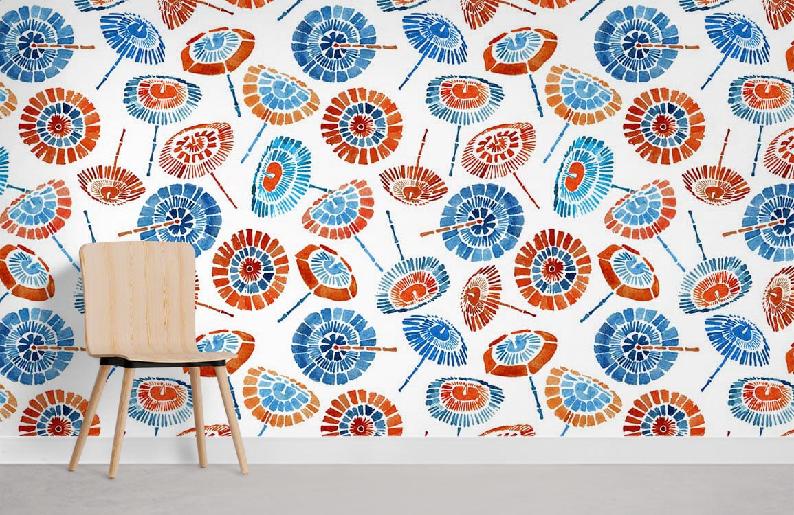 Vibrant geometric fan wallpaper, blue-orange design; room features stylish wooden chair, minimalist concrete flooring.