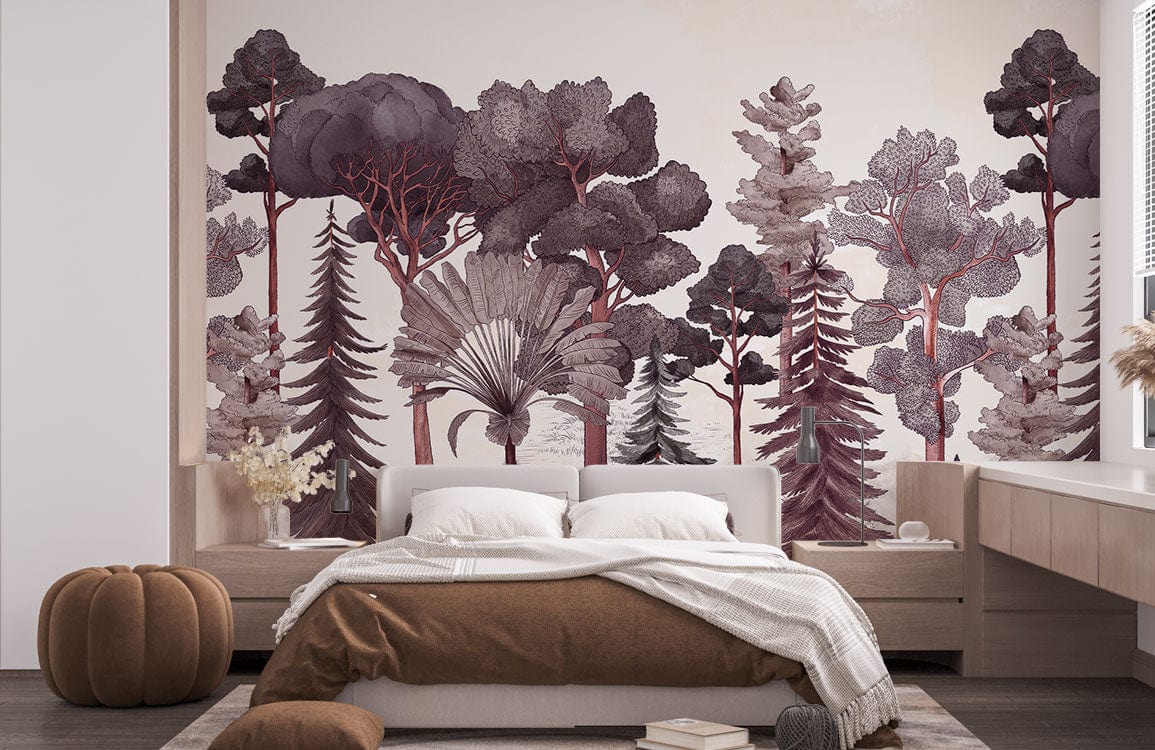 Vintage forest dreamscape mural wallpaper with earthy tones in serene bedroom, featuring grey bed and pouffes.