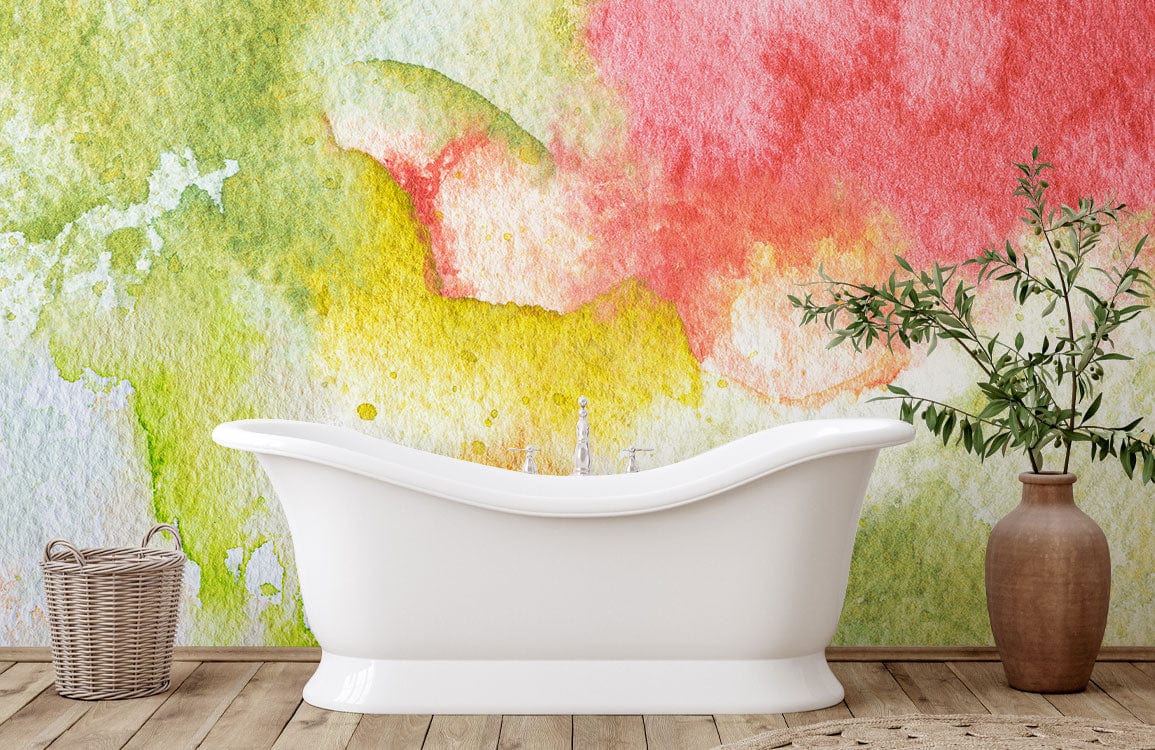 Abstract watercolour wallpaper with green, yellow, red design. White bathtub, wooden flooring, rustic decor.