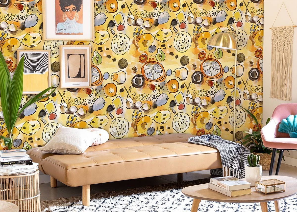 Vintage Autumnal Delight wallpaper in retro Art Deco pattern with leather sofa and eclectic decor.
