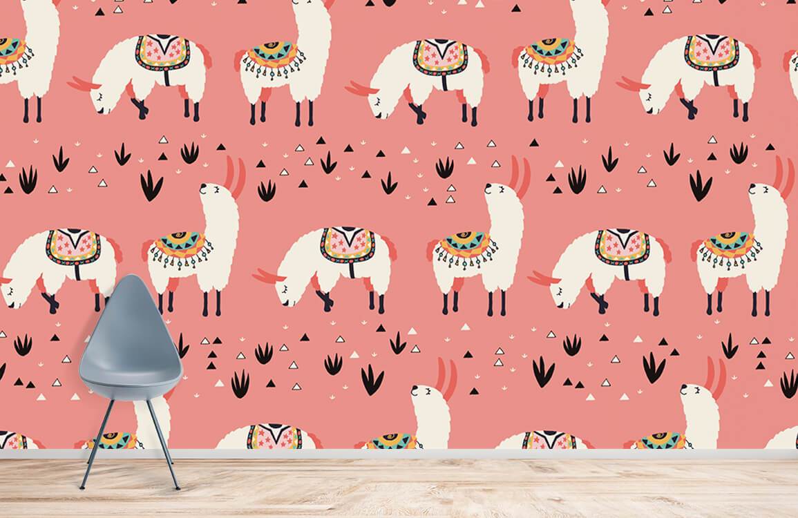 Charming Llama Coral Kids' Room Wallpaper, playful tribal design, wooden flooring, grey modern chair.