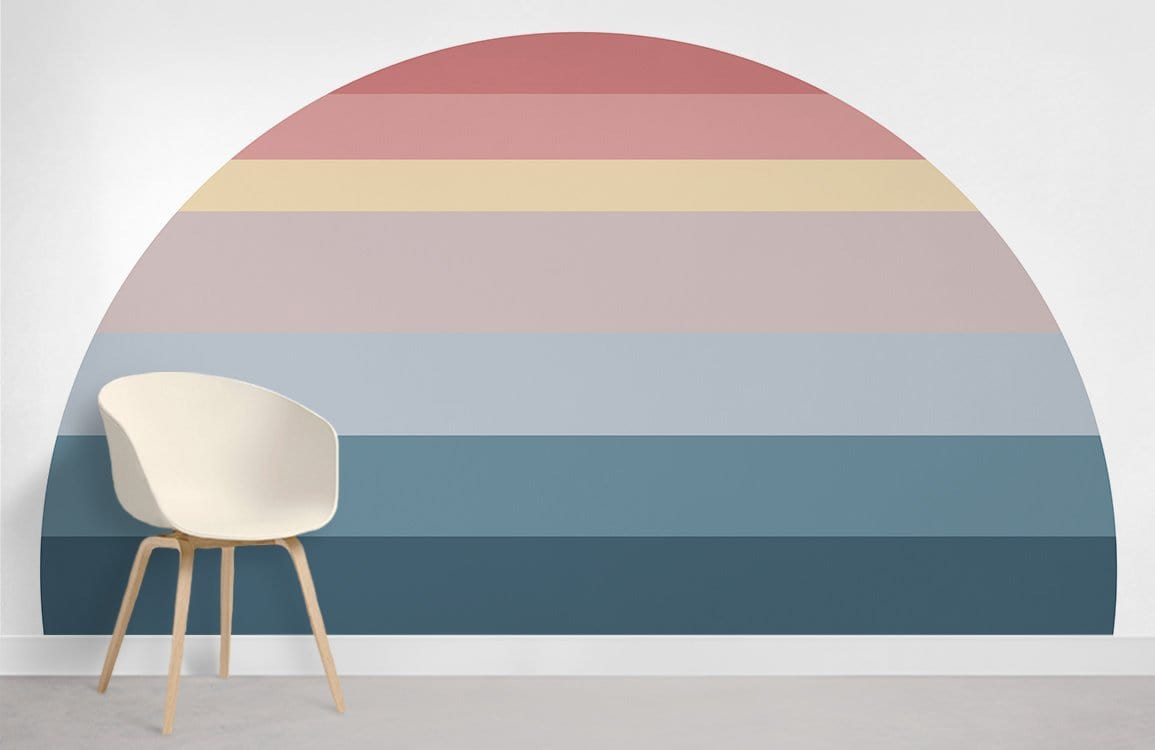 Vintage Sunset Gradient Mural Wallpaper with chair, white wall backdrop, concrete flooring in modern room.