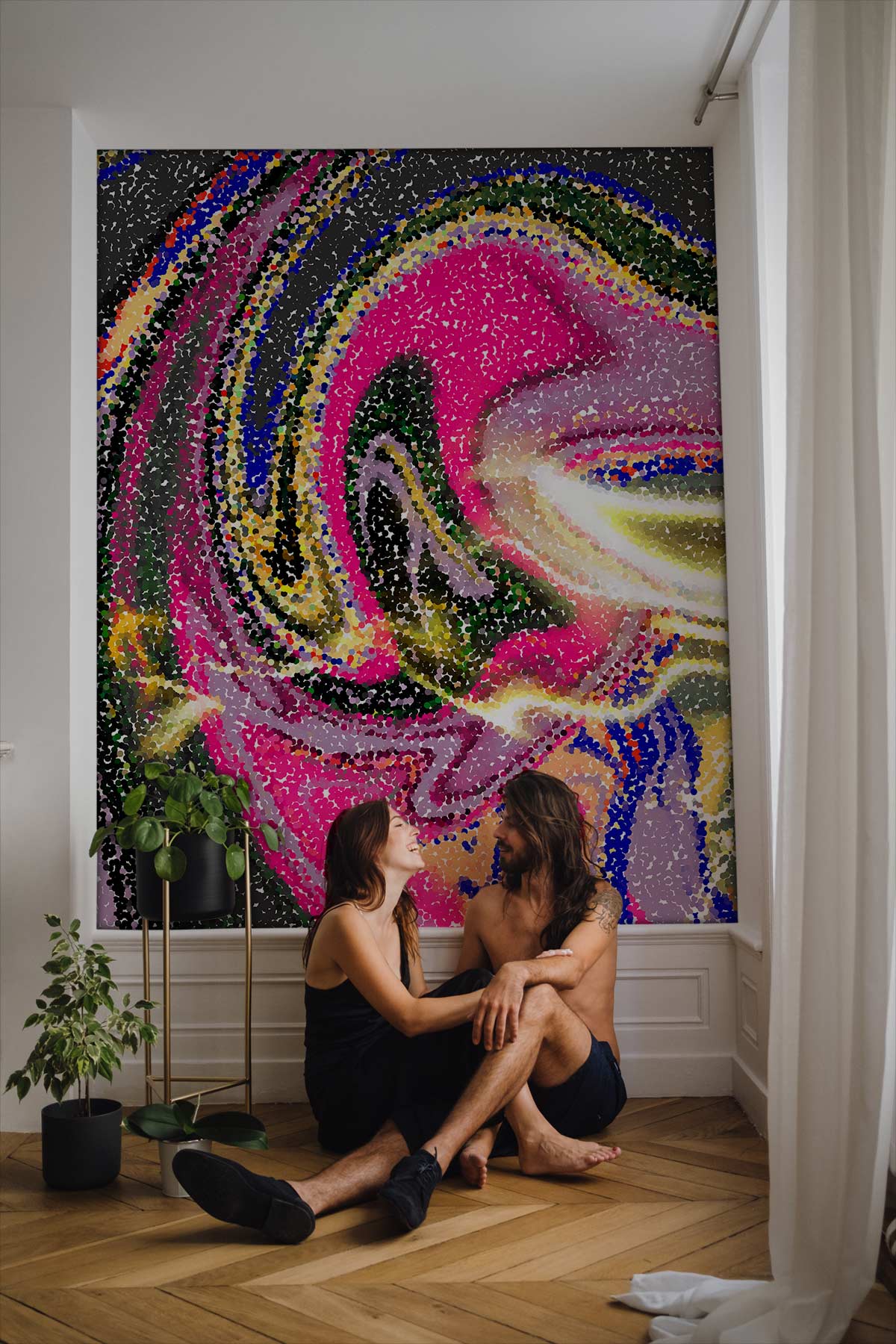 Vibrant Abstract Swirl Wallpaper in neon pink, cosmic patterns background, parquet flooring, white walls.