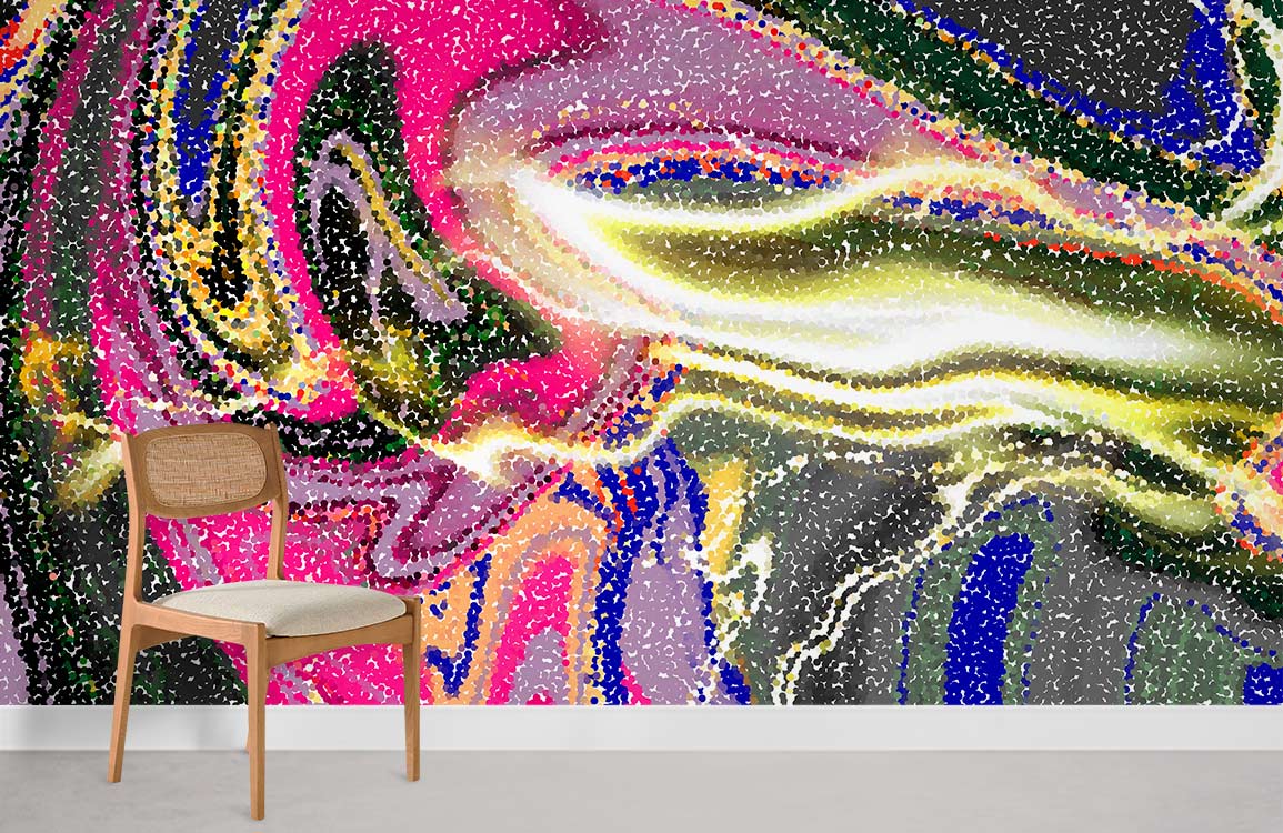Cosmic neon wallpaper with pink swirls, adjacent to wooden chair, on grey floor in modern room.
