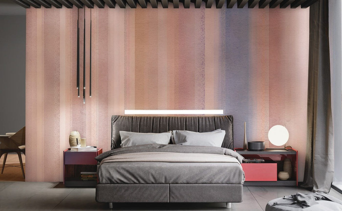 Pastel Vertical Stripes Calming Wallpaper in bedroom with grey bed, modern lighting, and dark flooring.