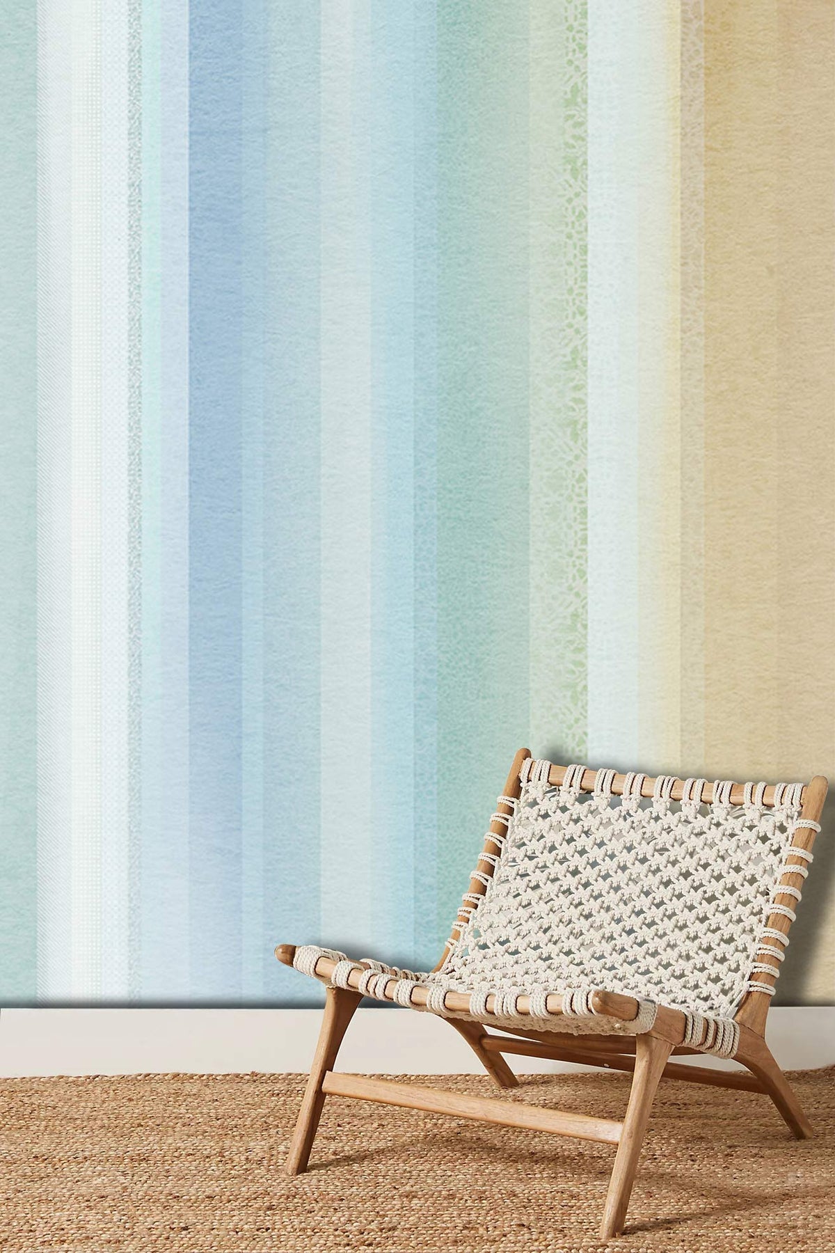 Pastel Stripes Watercolour Wallpaper, woven chair, neutral rug, modern interior room, soothing gradient design.
