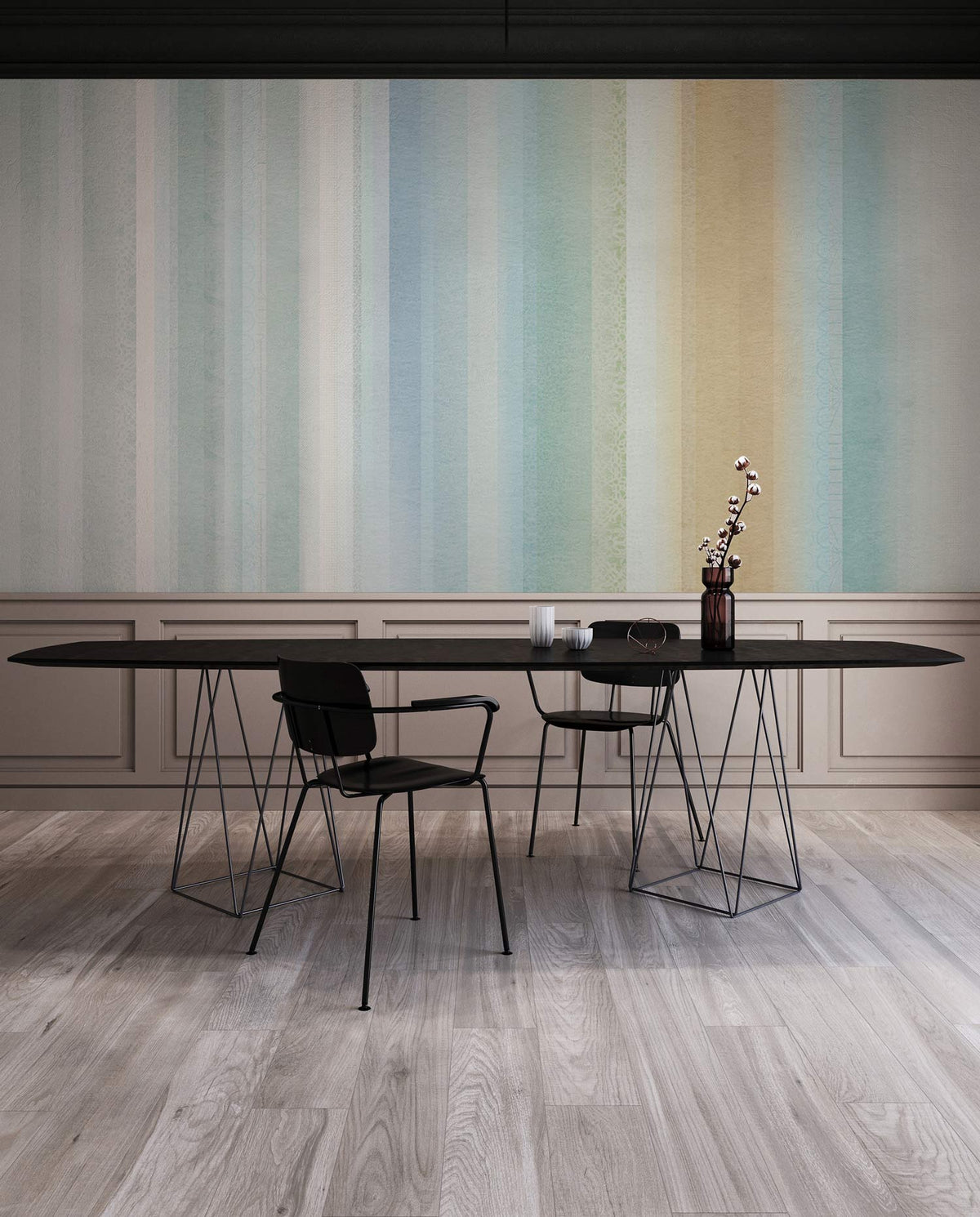 Pastel Stripes Elegant Gradient Watercolour Wallpaper in dining room with sleek black table and chairs.