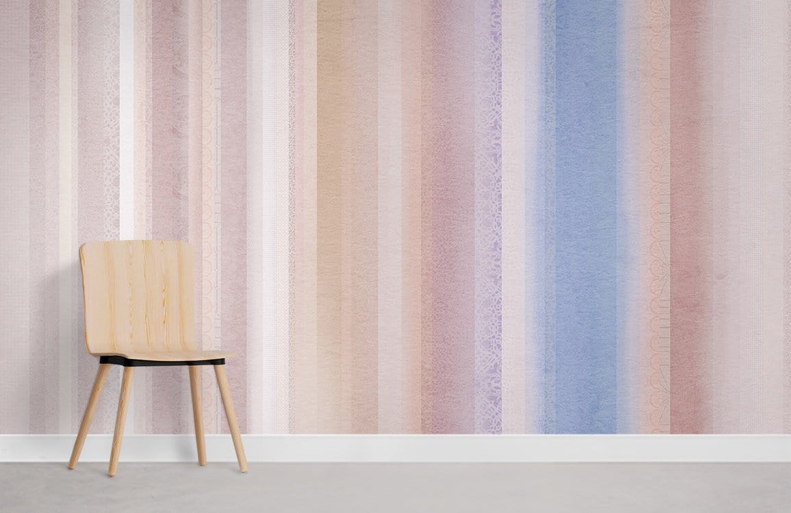 Pastel vertical stripes wallpaper with beige and blue hues; wooden chair on light grey flooring.