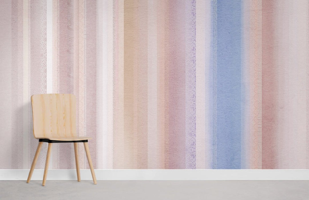 Pastel vertical stripes wallpaper with beige and blue hues; wooden chair on light grey flooring.