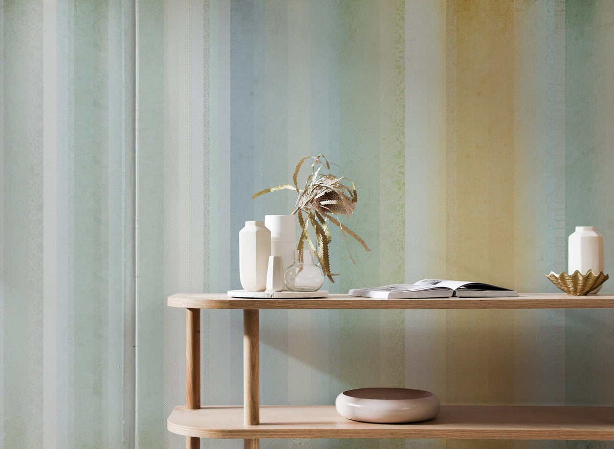 Pastel Stripes Elegant Gradient Watercolour Wallpaper enhances modern interior with sleek wooden console table.