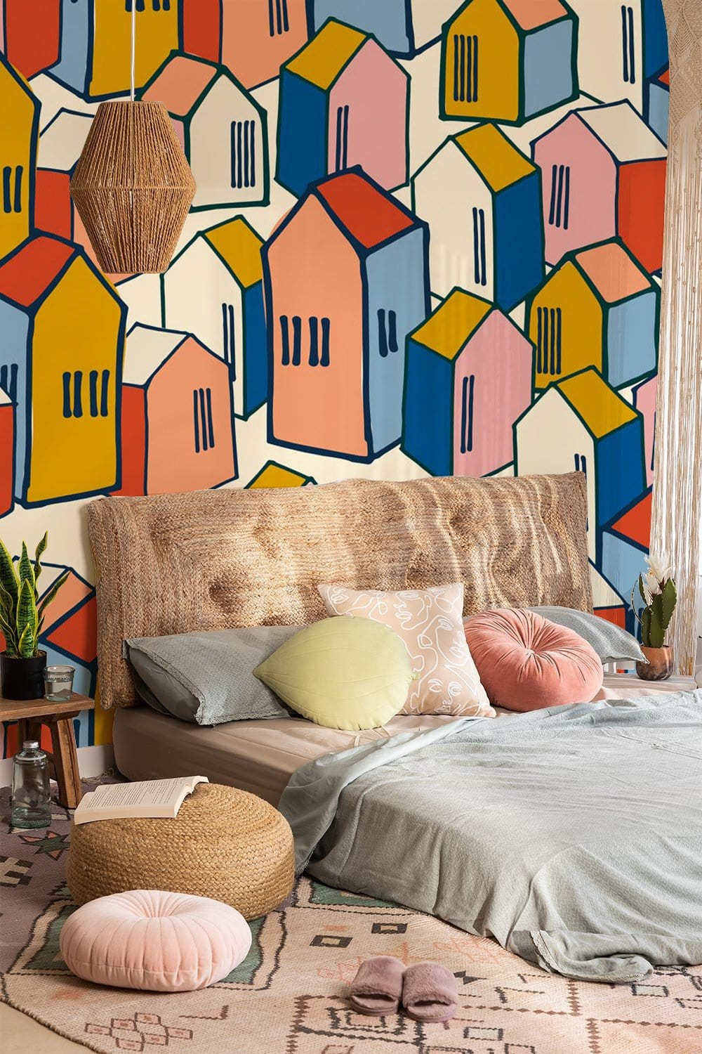 Colourful geometric wallpaper with earthy bed, woven rug, and bohemian decor in cosy bedroom setting.