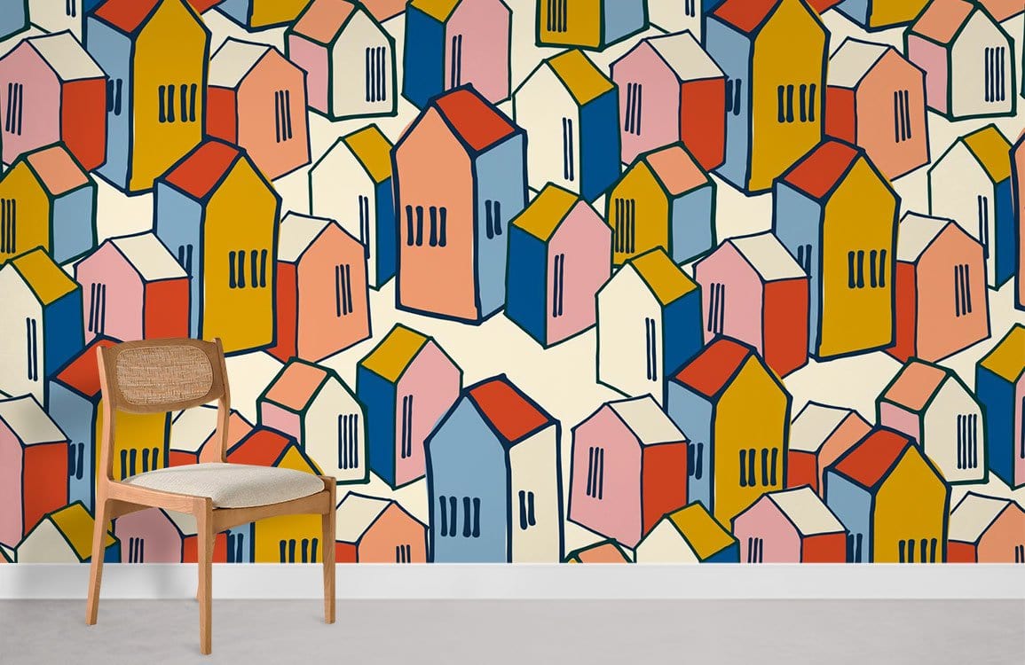 Colourful geometric houses wallpaper, retro urban style, beige and wood chair, minimalist setting.