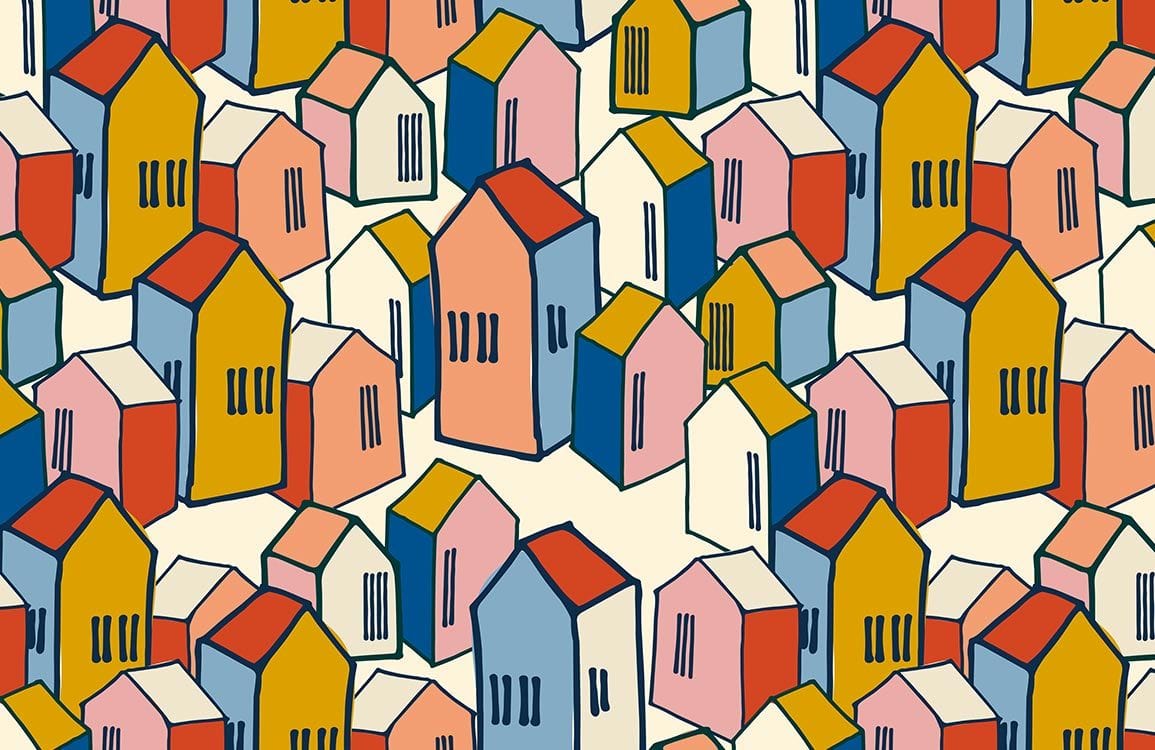 Colourful Geometric Houses Pattern Wallpaper in Retro Urban Artistic Style