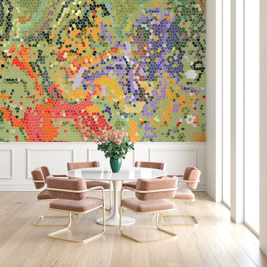 Vibrant mosaic mural wallpaper; geometric patterns; dining room with modern chairs; wood flooring.