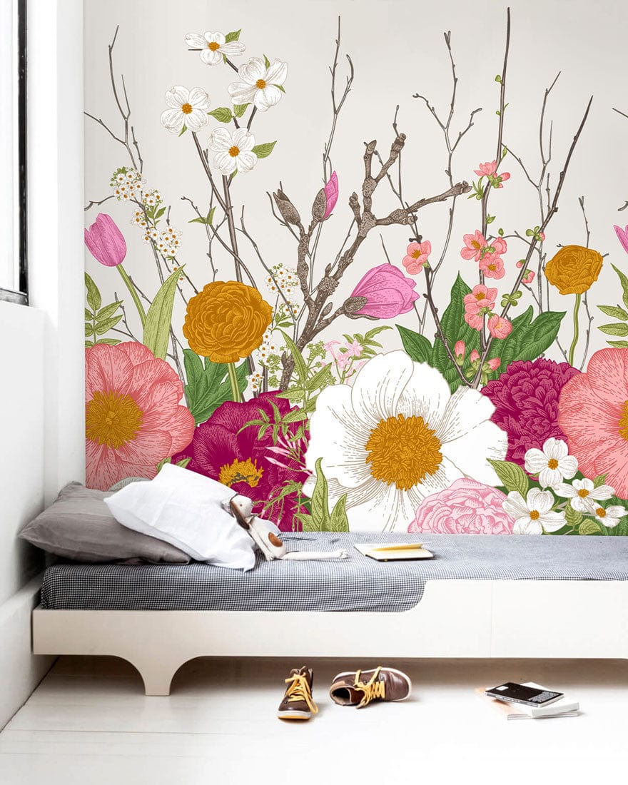 Colourful Blooming Floor Wall Mural | Aesthetic Floral Wall Mural UK