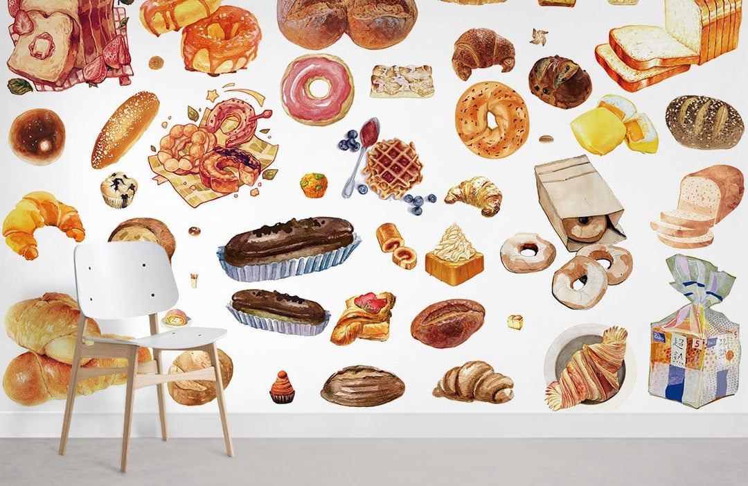 Vintage Bakery Feast Wallpaper; watercolour pastries; white wooden chair; light grey flooring; wall art.