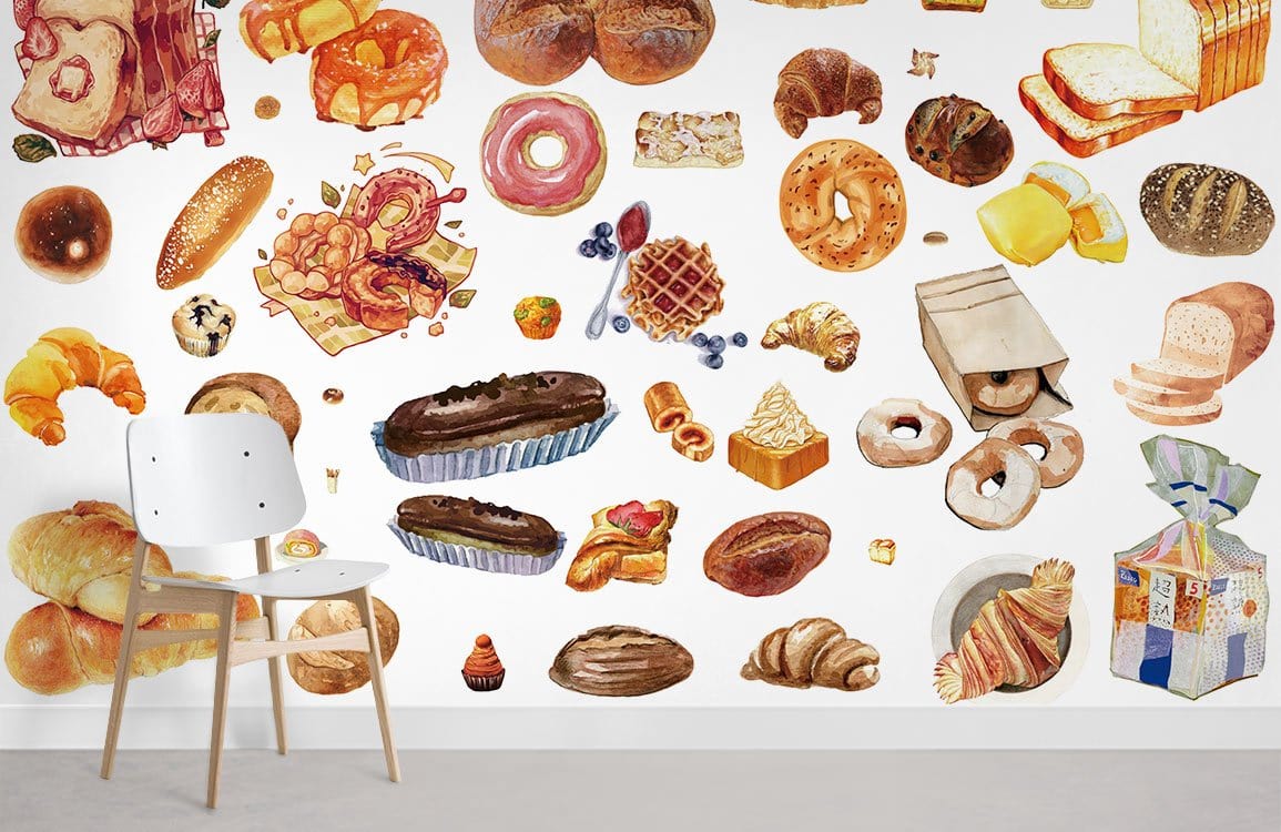 Vintage Bakery Feast Wallpaper; watercolour pastries; white wooden chair; light grey flooring; wall art.