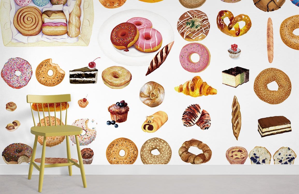 Delightful Pastel Bakery wallpaper displaying doughnuts and pastries, paired with a vintage yellow chair.