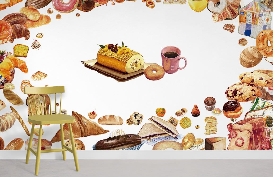 Colourful pastry-themed mural wallpaper with pastries, yellow chair, light grey flooring in a dining room.