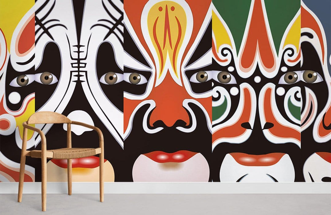 Vibrant Ethnic Faces Mural Wallpaper with artistic design, wooden chair, minimalist room, grey flooring.
