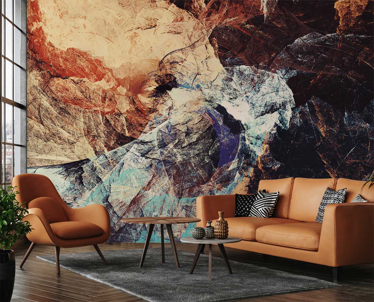 Abstract Textured Earth Tones Mural Wallpaper, contemporary interior, leather sofa, armchairs, wooden flooring.