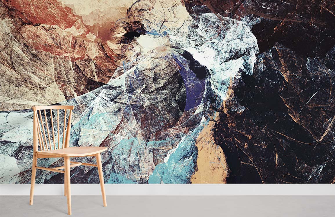 Abstract Textured Earth Tones Mural Wallpaper with wooden chair, grey flooring in modern interior setting.