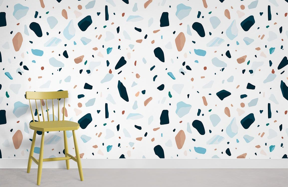 Modern terrazzo wallpaper, blue earthy tones; yellow chair; stylish room decor; minimalist design.