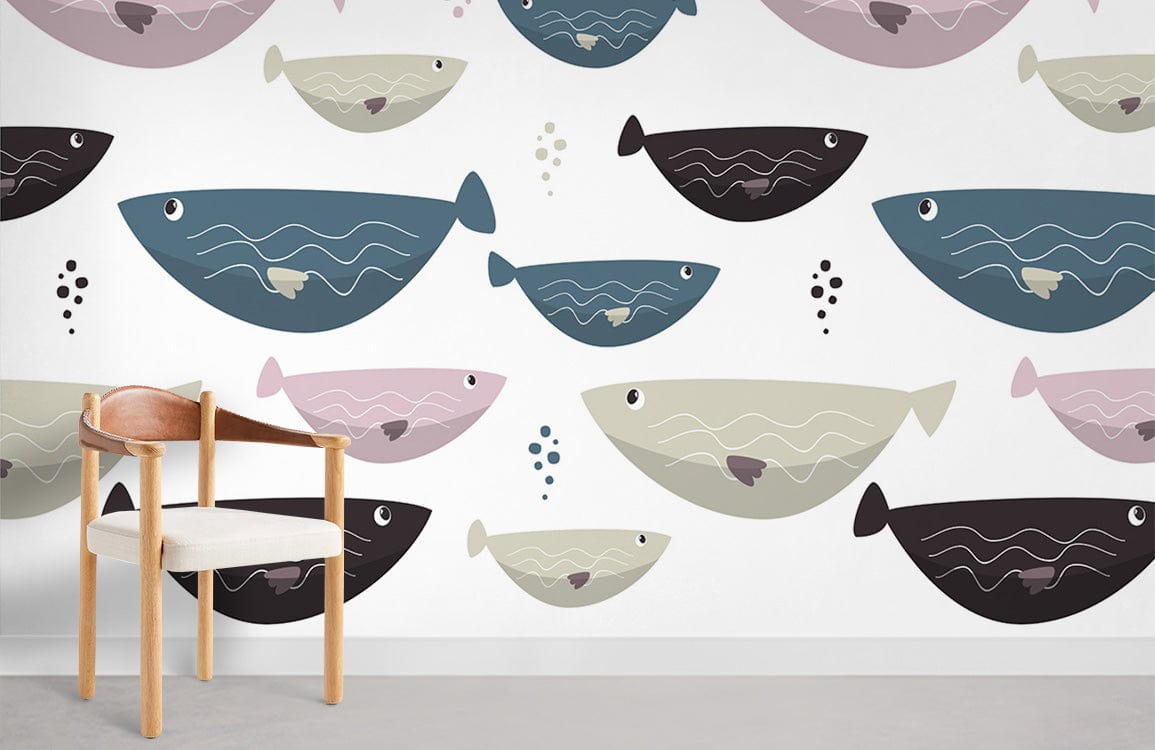 Playful fish pattern wallpaper in pastel, neutral tones; wooden chair; light grey flooring; nautical decor.