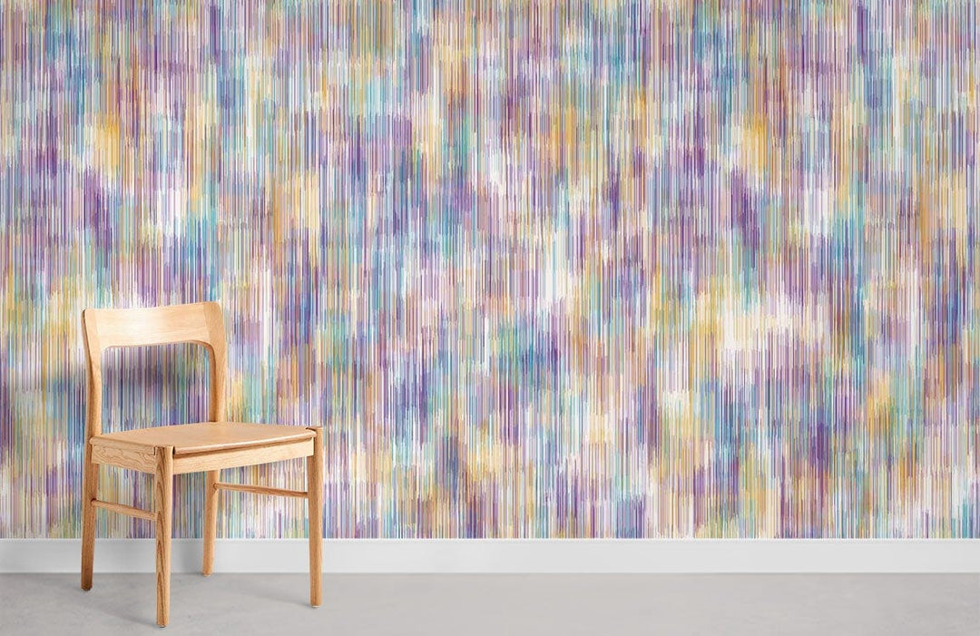 Colourful abstract watercolour stripes wallpaper in contemporary room, wooden chair on grey flooring.