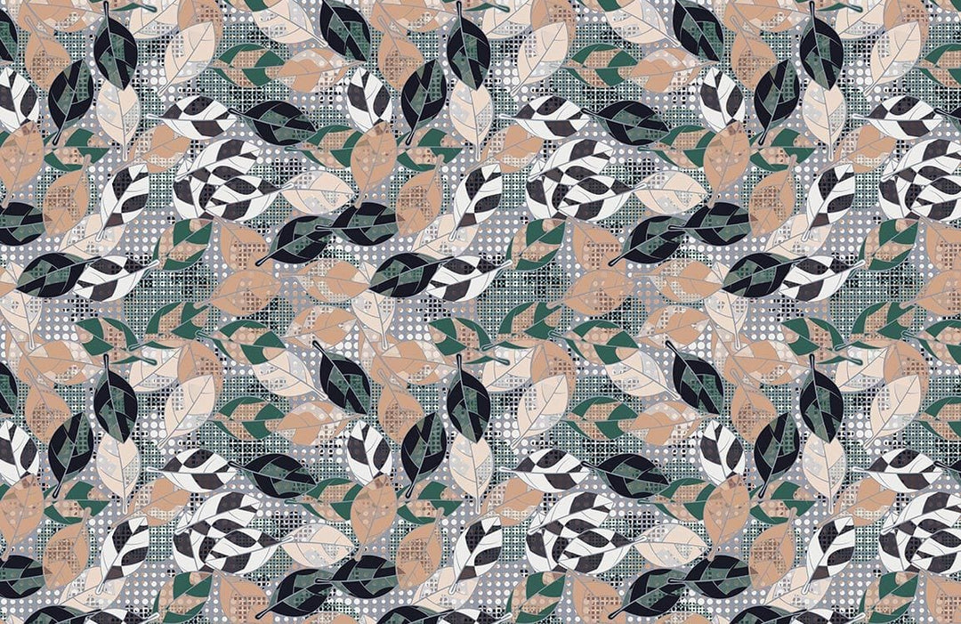 Abstract Geometric Leaf Pattern Wallpaper in Green and Beige Tones