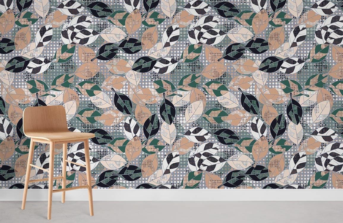Abstract geometric leaf pattern wallpaper in green and beige with wooden chair, grey flooring.