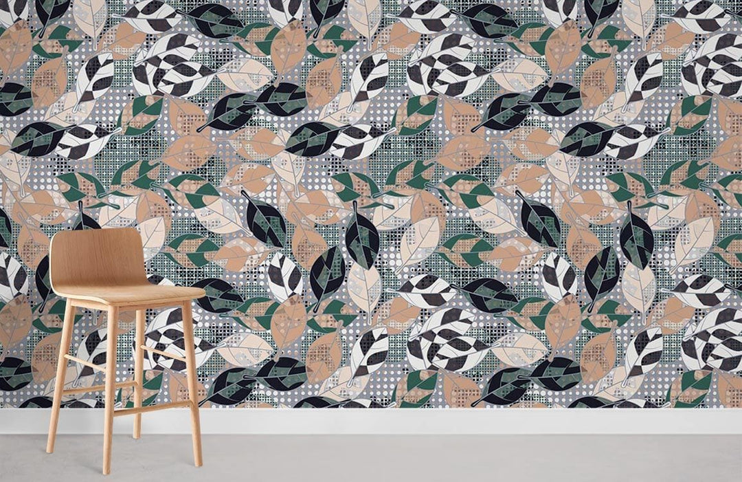 Abstract geometric leaf pattern wallpaper in green and beige with wooden chair, grey flooring.