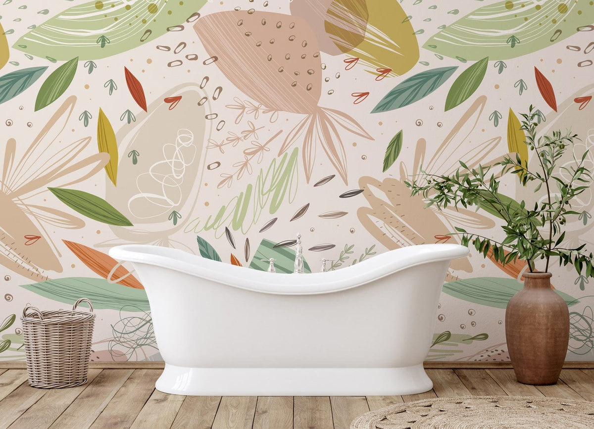 Botanical Dreamscape pastel floral wallpaper in bathroom with white tub, wooden flooring, wicker basket.