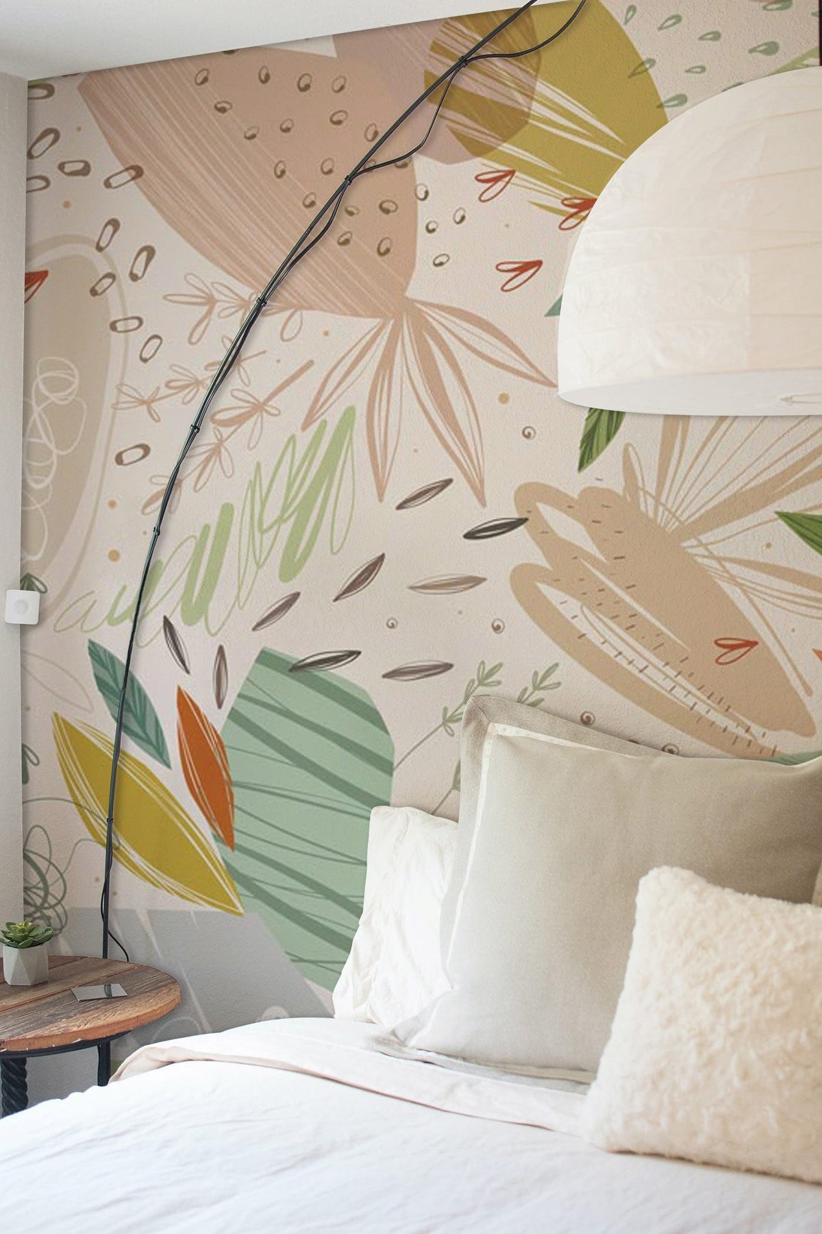 Botanical Dreamscape pastel floral wallpaper, abstract pattern, interior decor, stylish bedroom setting.