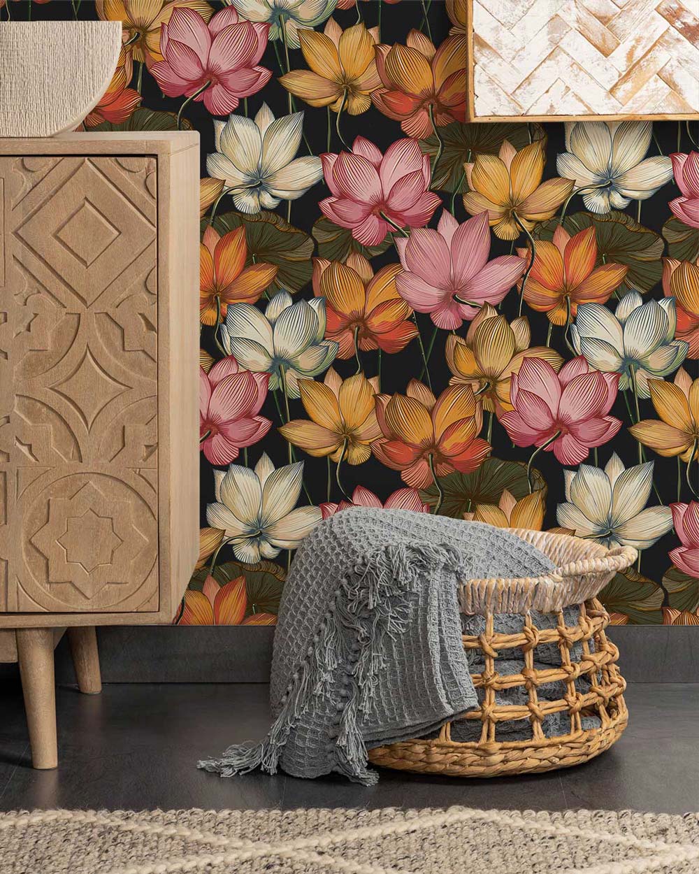 Vintage Floral Elegance wallpaper, multicoloured lotus, wooden cabinet, grey woven basket, cosy room decor.
