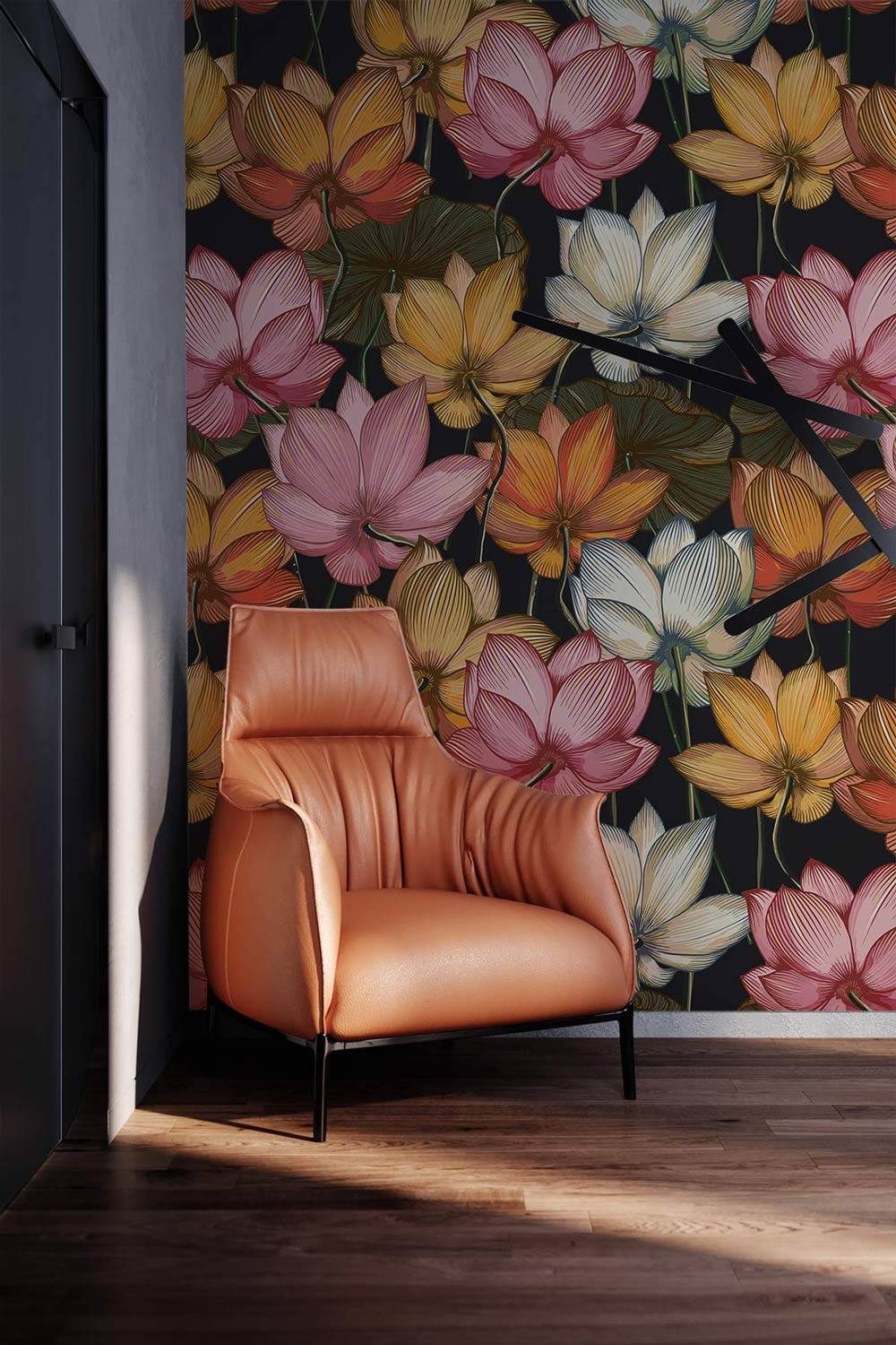 Vintage Floral Elegance: Multicoloured Lotus Wallpaper with orange chair, wooden flooring, grey wall.