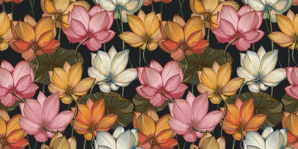 Vintage Floral Elegance: Multicoloured Lotus Pattern Wallpaper for Timeless Décor
