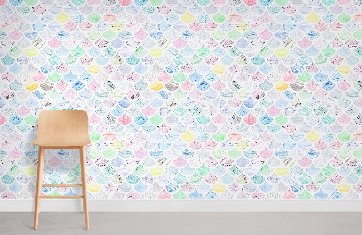 Pastel Seashell Harmony mural wallpaper in elegant interior featuring wooden stool on grey flooring.