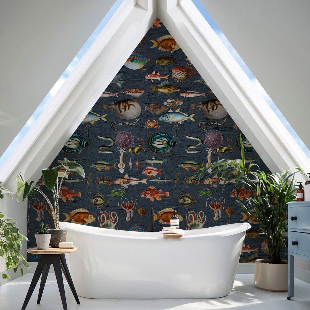Undersea Adventure Dark Blue Wallpaper Mural, marine life design, white bathtub, attic room setting.