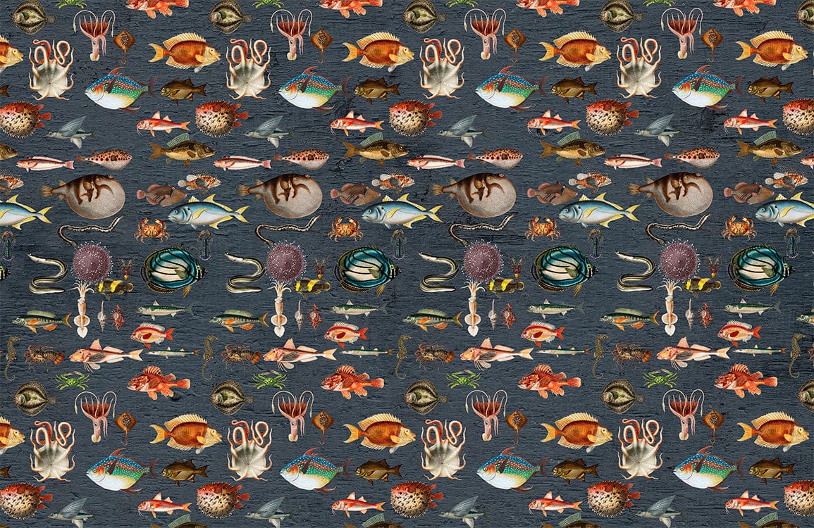 Undersea Adventure Dark Blue Marine Life Pattern Wallpaper Mural