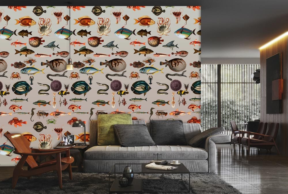Nautical Coastal Marine Life Wallpaper with earthy tones in a modern living room with grey sofa.