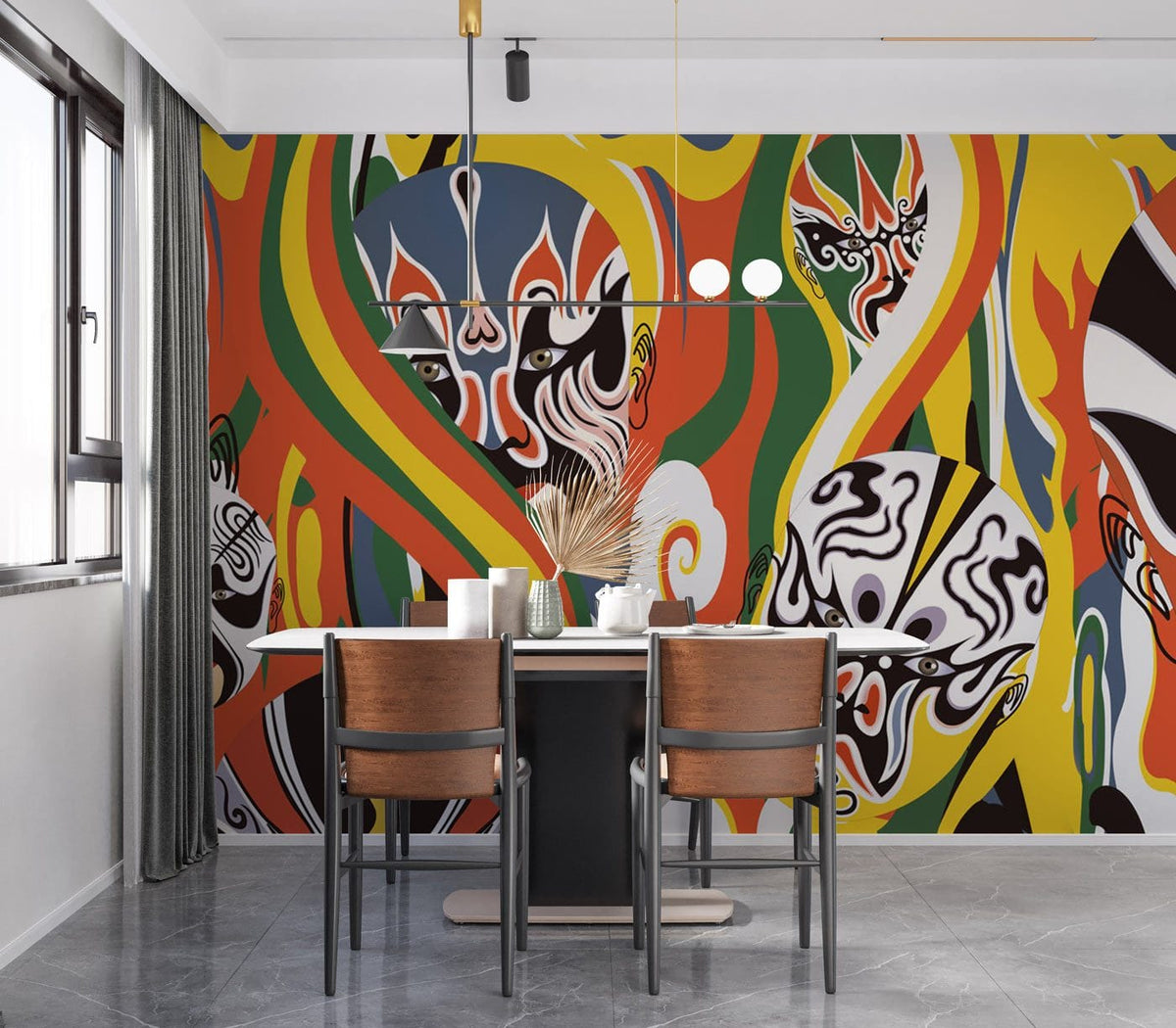 Vibrant multicolour abstract mask wallpaper, modern dining room, grey floor, wooden chairs, artistic decor.