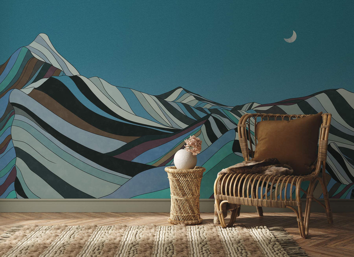 Moonlit Mountain Landscape Mural Wallpaper in Teal and Earthy Tones