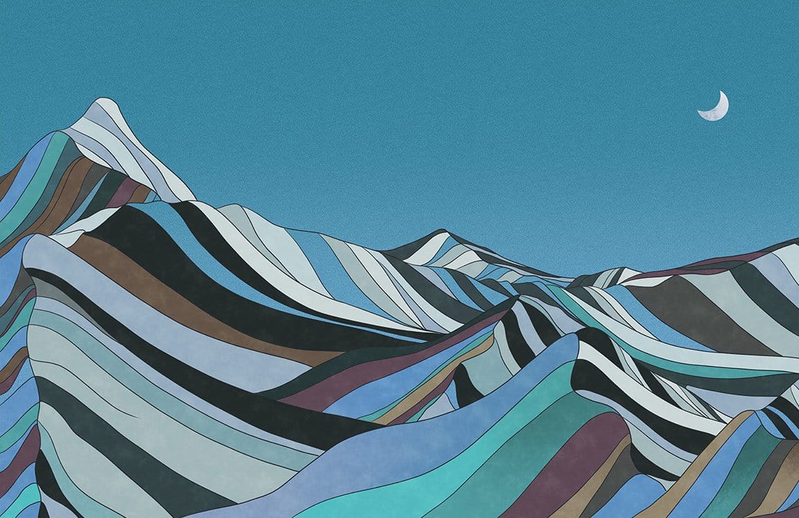 Moonlit mountain landscape mural wallpaper in teal and earthy tones, featuring abstract mountain design.