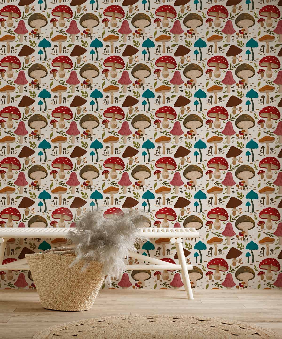 Whimsical Forest Mushroom Pattern Wallpaper in Earthy Tones and Retro Style
