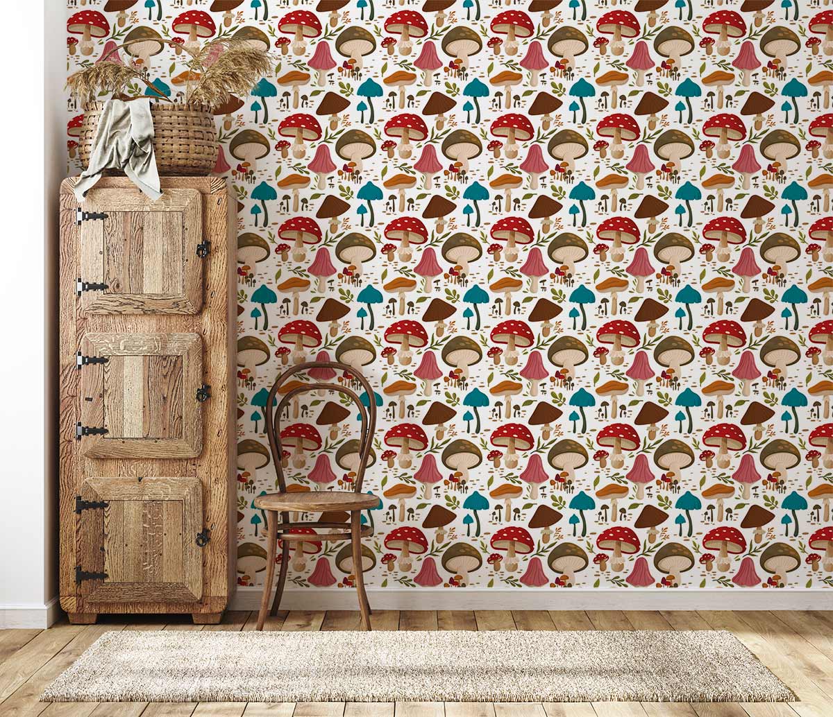 Whimsical mushroom wallpaper, earthy retro style, rustic wardrobe, wooden flooring, chair, hall setting.