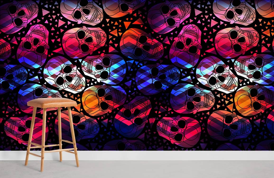 Vibrant geometric skull wallpaper in multicolour contemporary style, wooden stool, modern interior design.