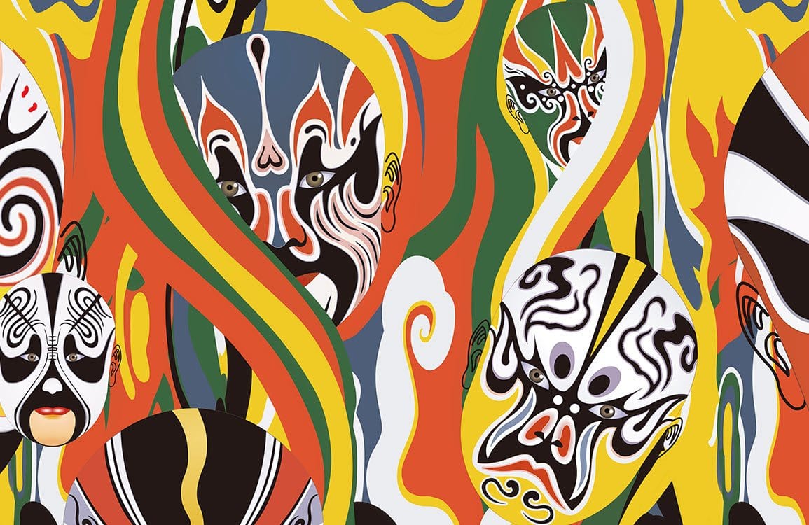 Vibrant Abstract Mask Design Wallpaper in Bold Multicolour Artistic Style